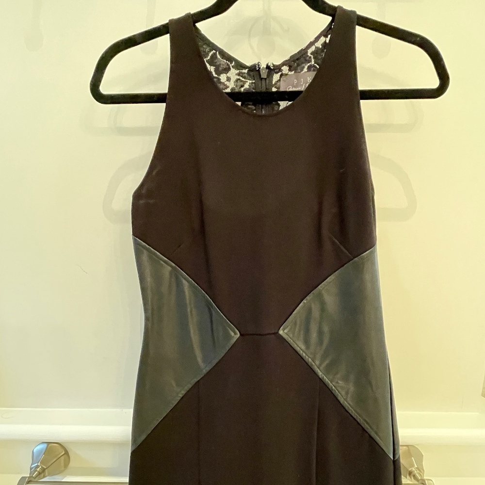 Patterson Kincaid black sheath dress with leather and lace accents size Small